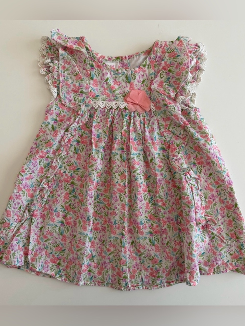 Girls 4T Summer Bonnie Jean Floral Ruffle Babydoll Dress w/ Peach Flower Accent